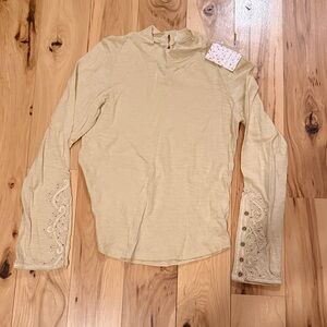 NWT Free People Cream Long Sleeve Top with Embroidered Sleeves
